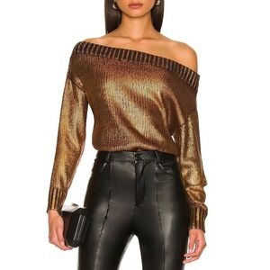Superdown Metallic Gold Off The Shoulder Knit Sweater Shimmer Long Sleeve XS e3